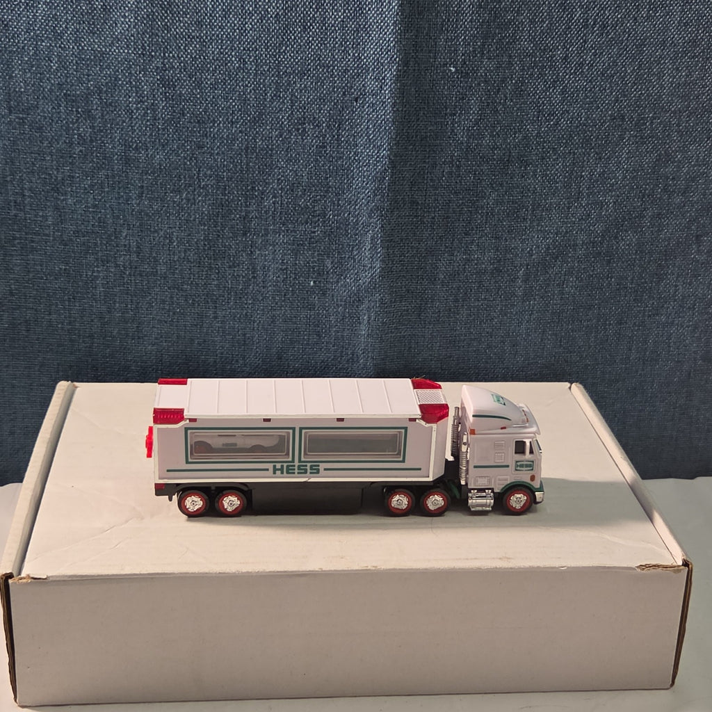 2021 Hess Mini Toy Truck Semi Hauler with Race Car White & Green Collectible