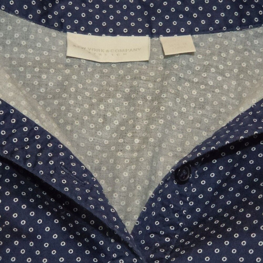 New York & Company Blouse Blue Polka Dot Button Down Office Wear Used Size L