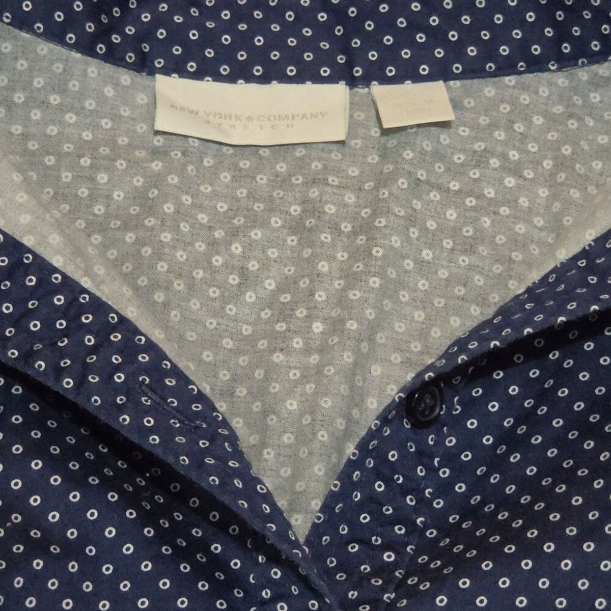New York & Company Blouse Blue Polka Dot Button Down Office Wear Used Size L