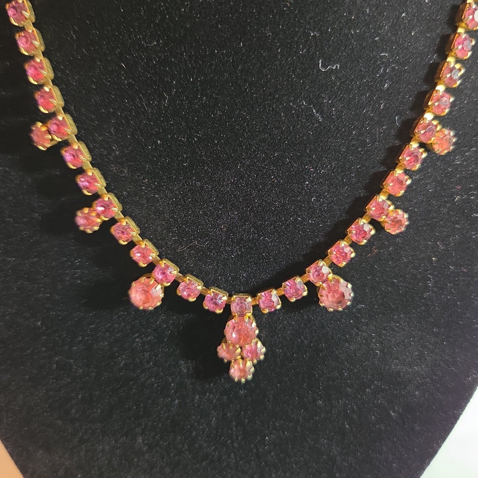Fringe Necklace Pink Rhinestone Gold Tone Retro Glam