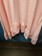 Indigo Soul Boho Tunic Top Large Pink Rayon Crochet Lace Sharkbite Hem Lagenlook