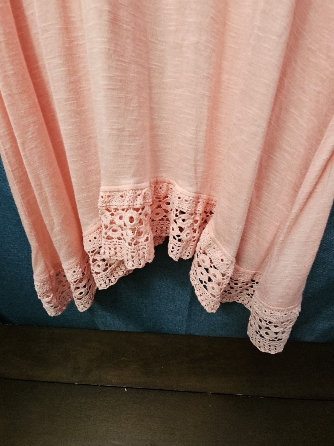 Indigo Soul Boho Tunic Top Large Pink Rayon Crochet Lace Sharkbite Hem Lagenlook