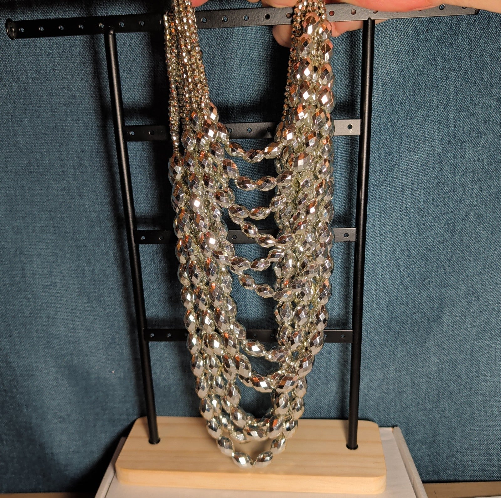 Multi Strand Silver Tone Beaded Statement Necklace Glam