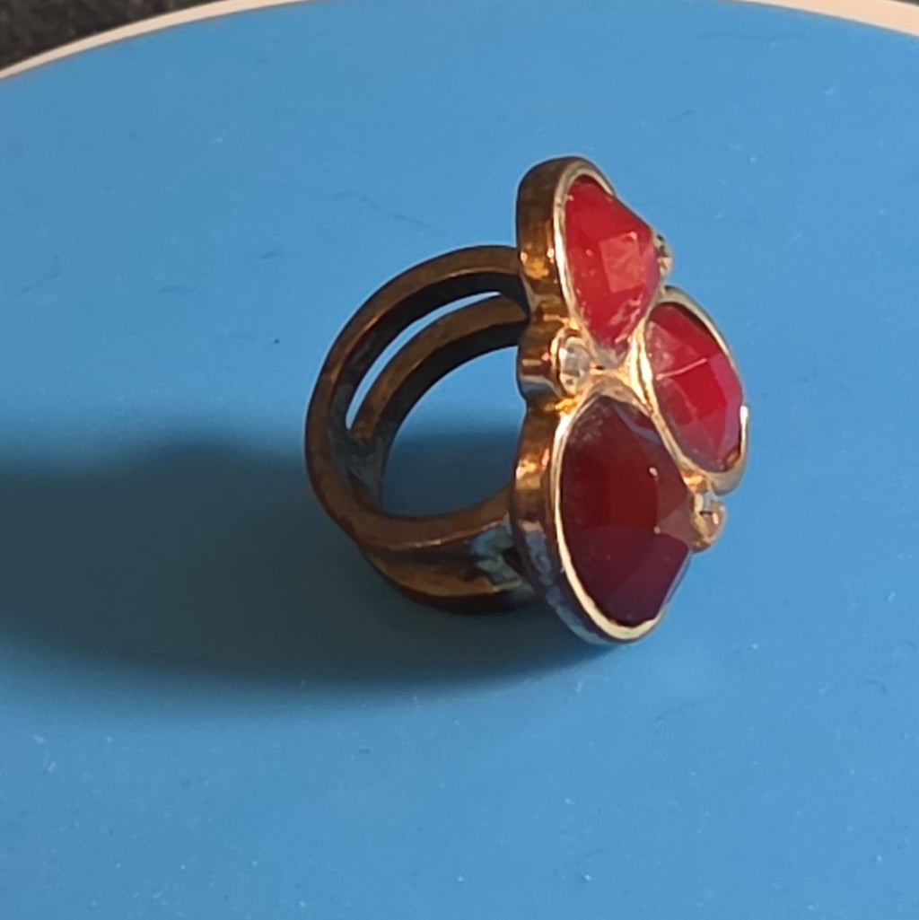 Red Gemstone Cluster Ring Gold Tone Statement Size 8.5