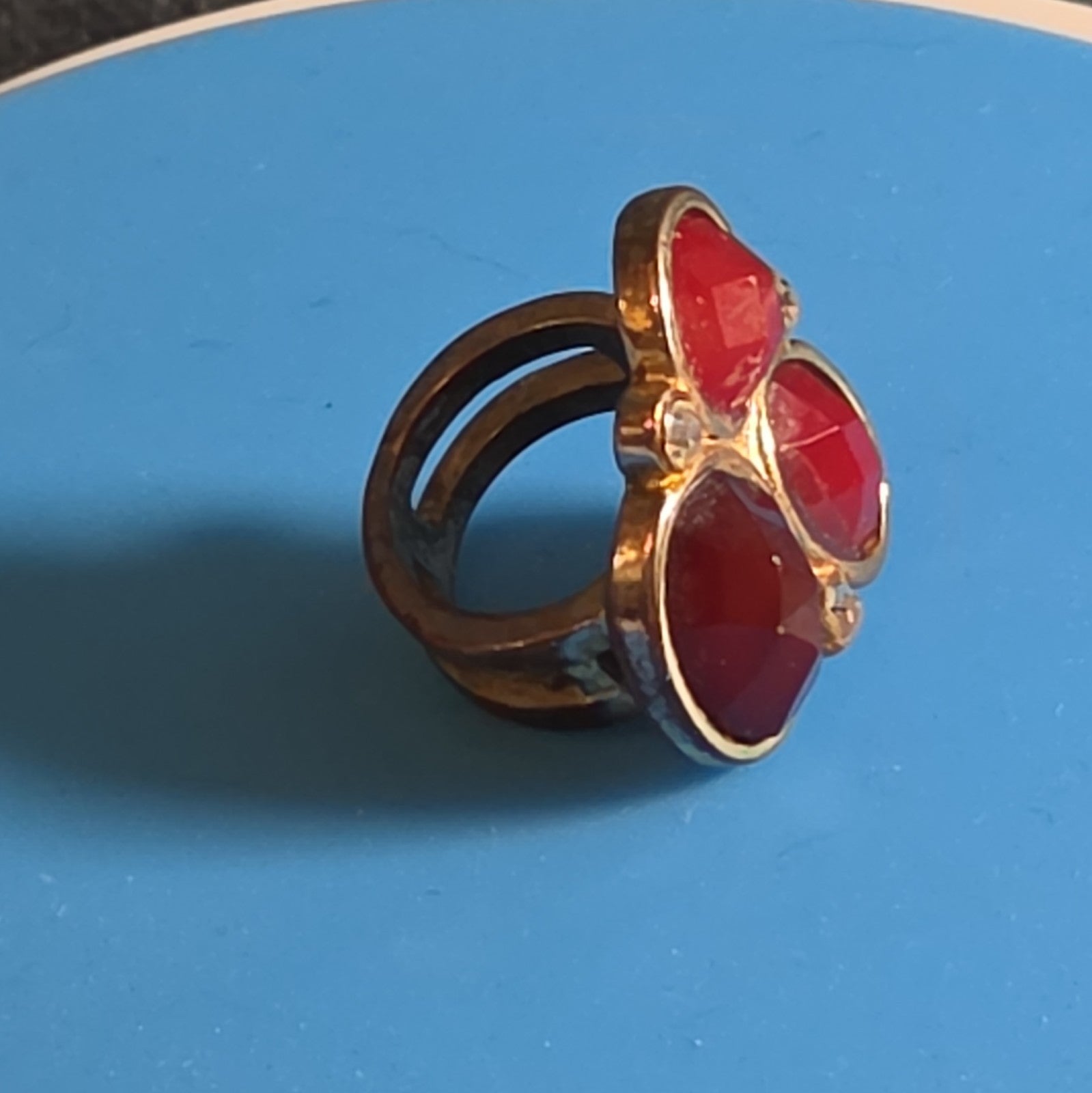 Red Gemstone Cluster Ring Gold Tone Statement Size 8.5