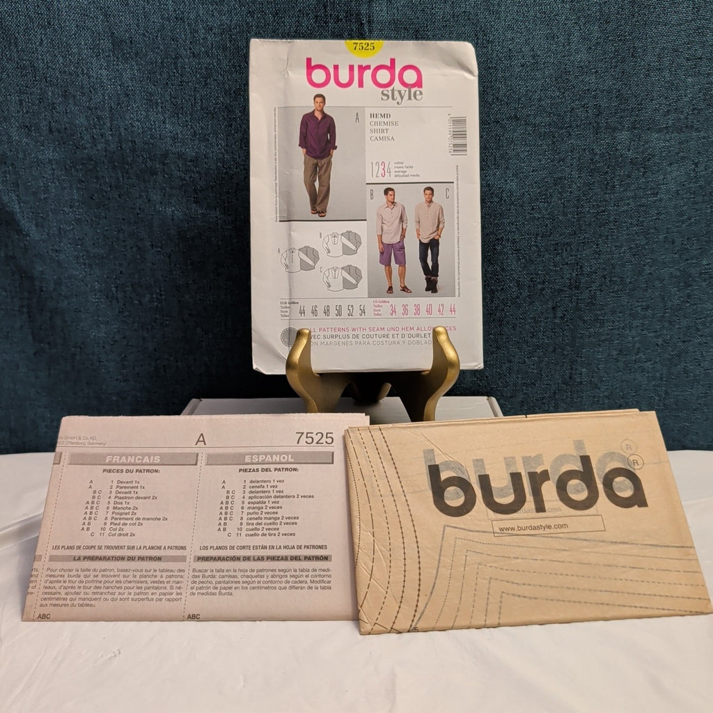 Burda 7525 Men's Shirt Pattern Button Up Tuxedo Bib Band Collar SZ 34-44 UNCUT