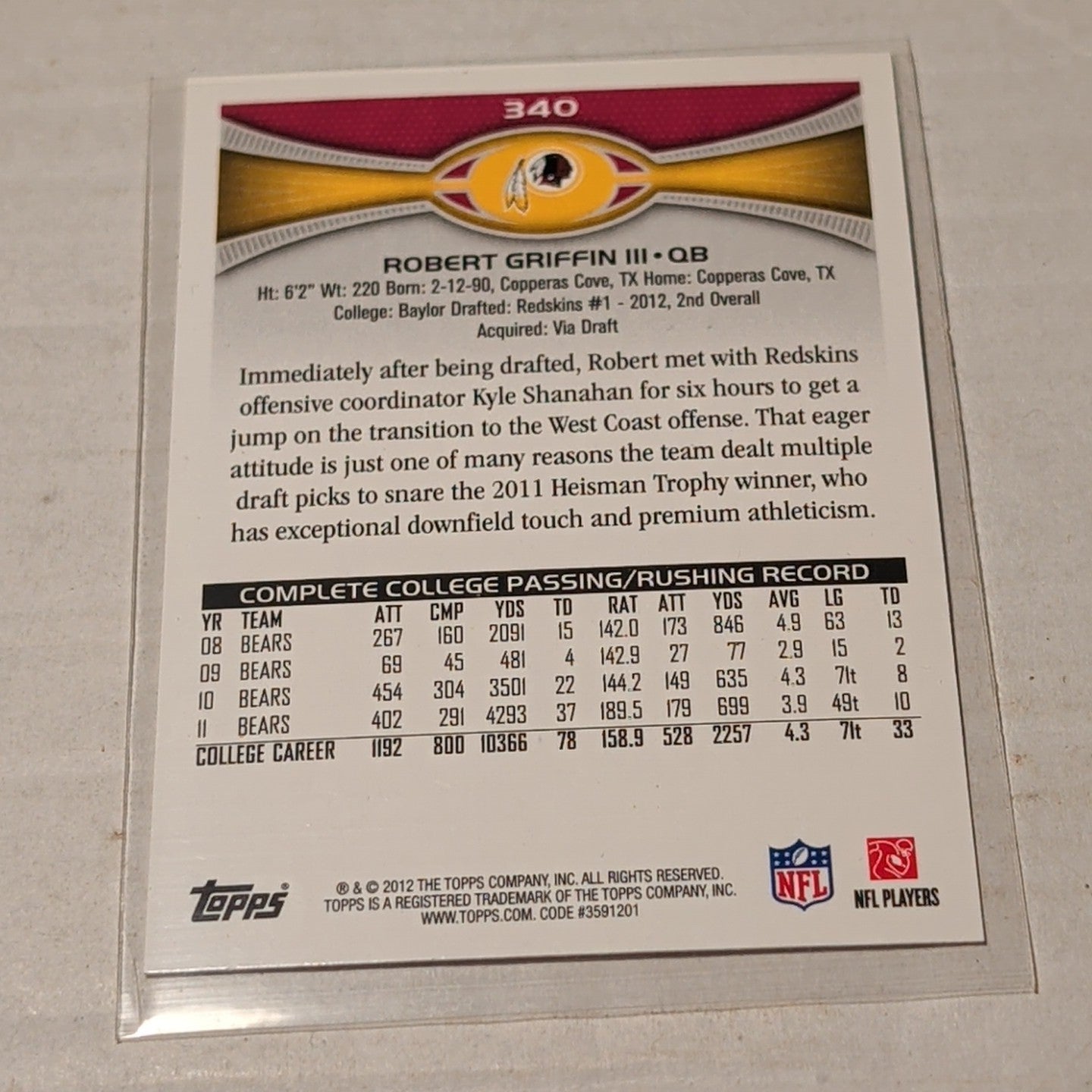 Robert Griffin III 2012 Topps RC #340 Redskins RC 