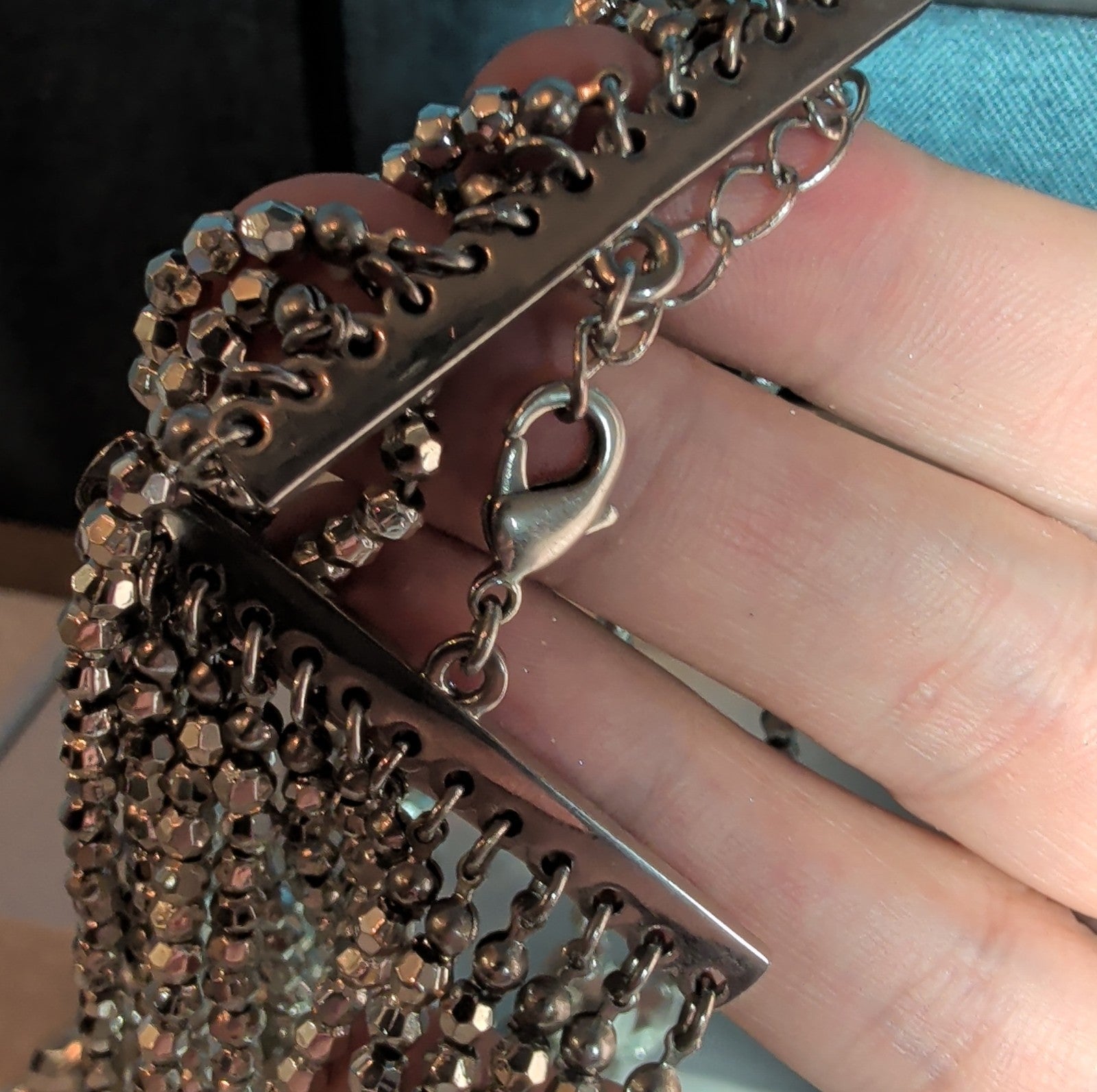 Multi Strand Silver Tone Beaded Statement Necklace Glam