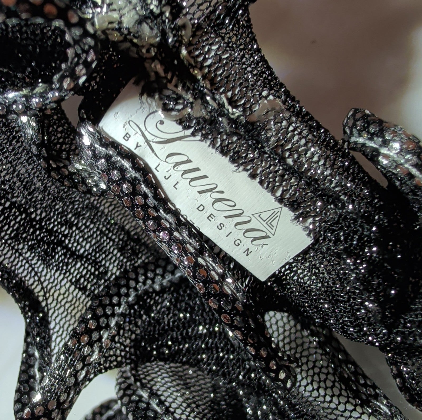 Laurena by LJL Metallic Lace Scarf Wrap Silver Black Ruffled Boho NWT 63x23