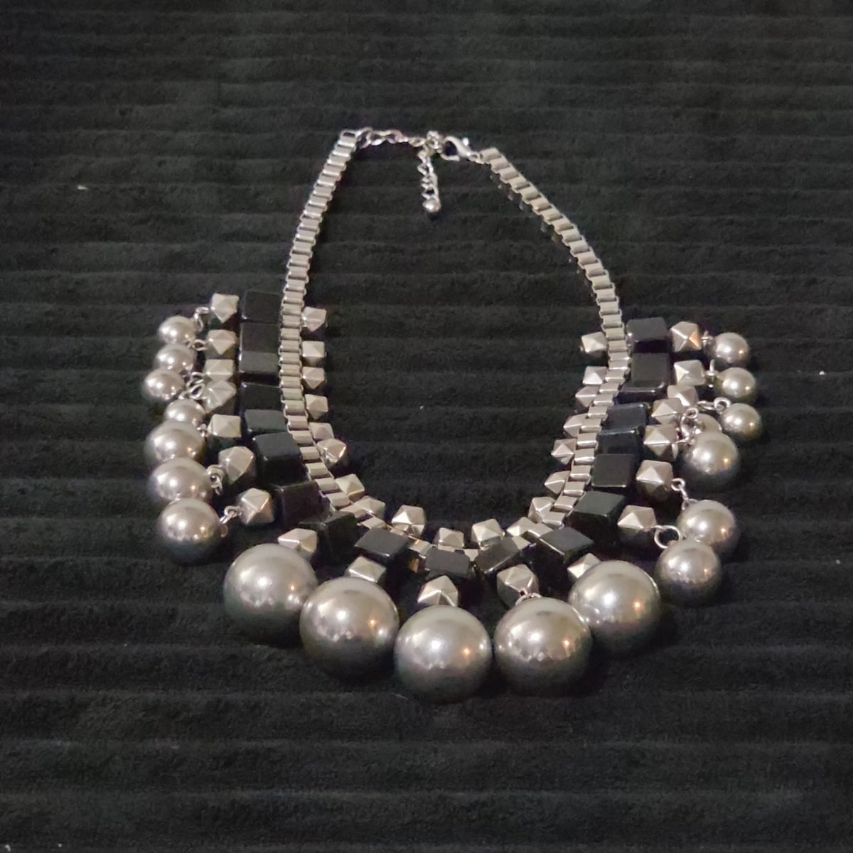 Chunky Silver Bib Statement Necklace Black Cube Cascading Collar Choker Punk Mod