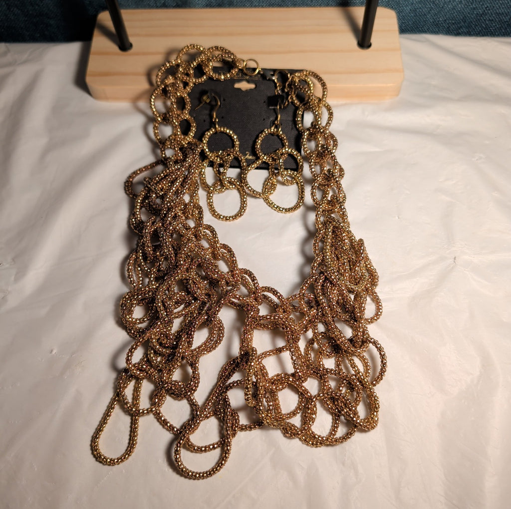 Traci Lynn Roppie Gold Mesh Crystal Collar Necklace Earring Set Vintage Choker