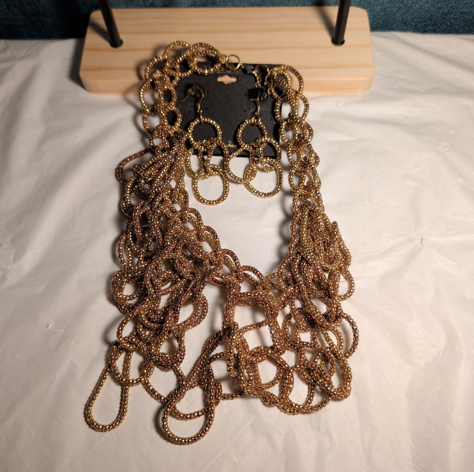 Traci Lynn Roppie Gold Mesh Crystal Collar Necklace Earring Set Vintage Choker