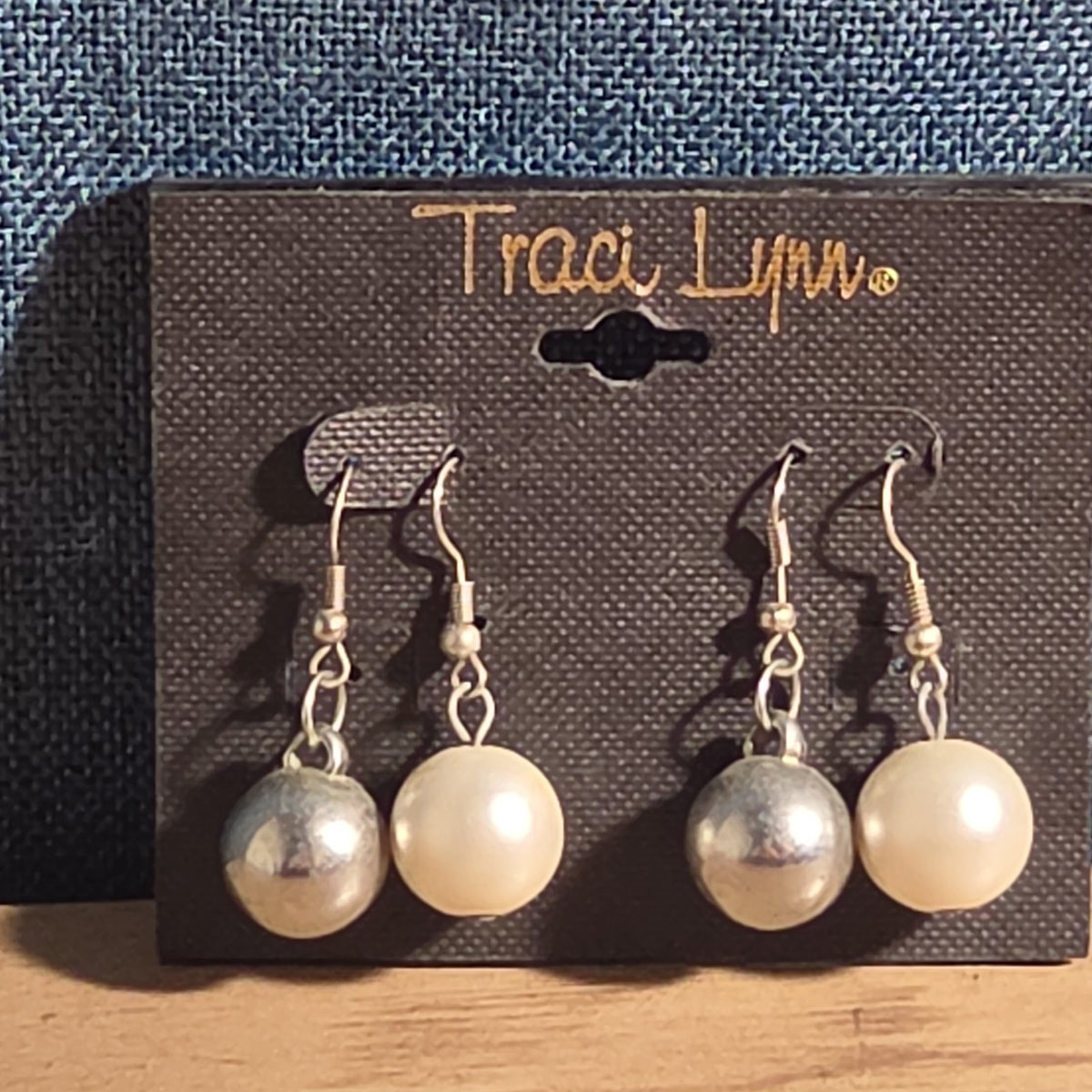 Traci Lynn Faux Pearl Silver Ball Hook Drop Earrings