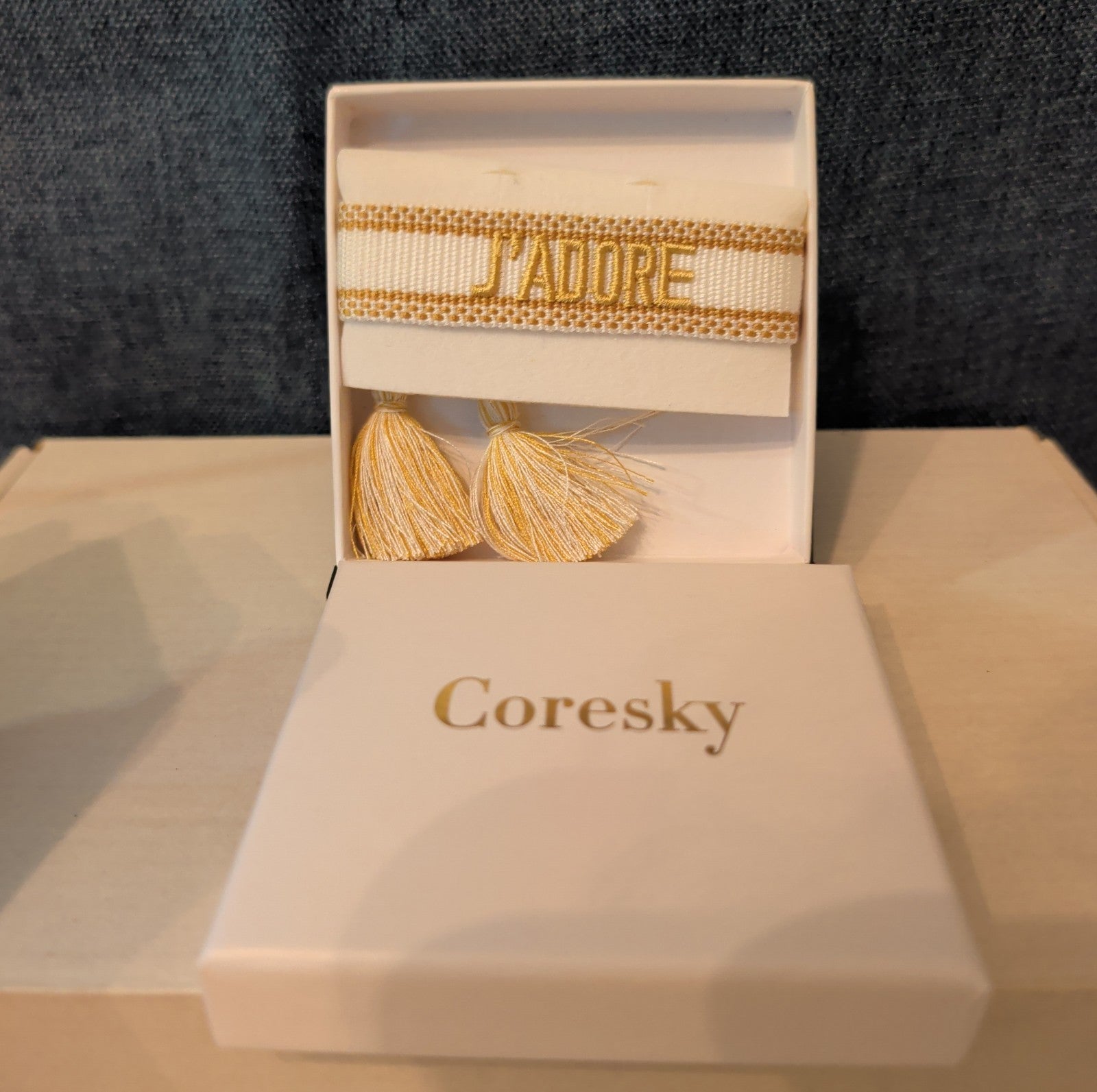 Coresky J'Adore Embroidered Woven Tassel Bracelet Gold Boho NIB