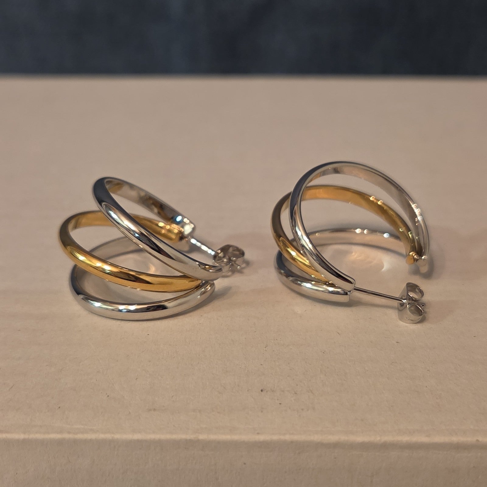 Triple Hoop Mixed Metal Gold Silver Tone Earrings Modern