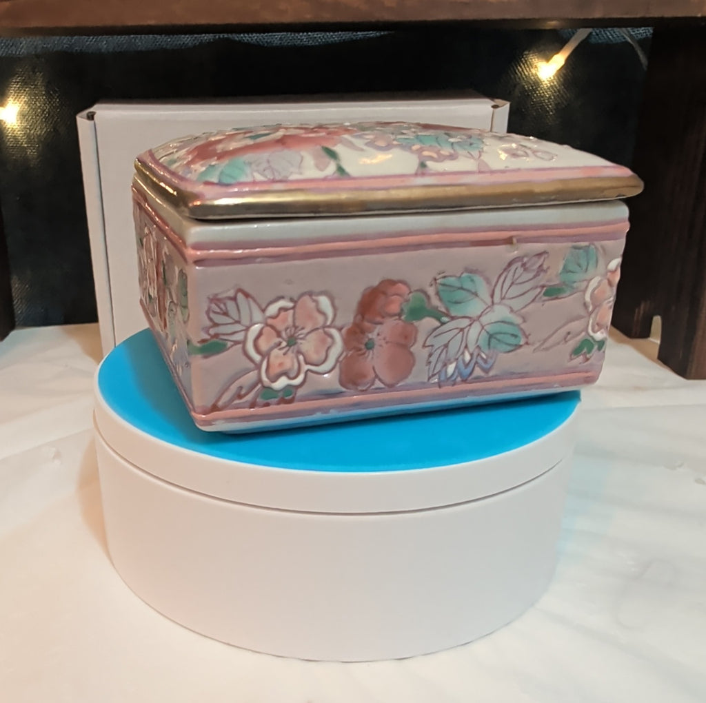 Vintage Pink Floral Porcelain Square Trinket Box Grandmillennial PreOwned