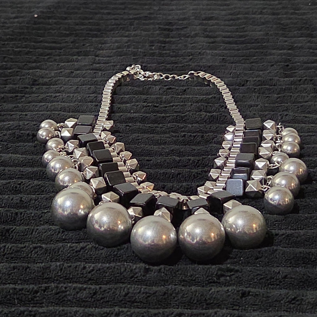 Chunky Silver Bib Statement Necklace Black Cube Cascading Collar Choker Punk Mod