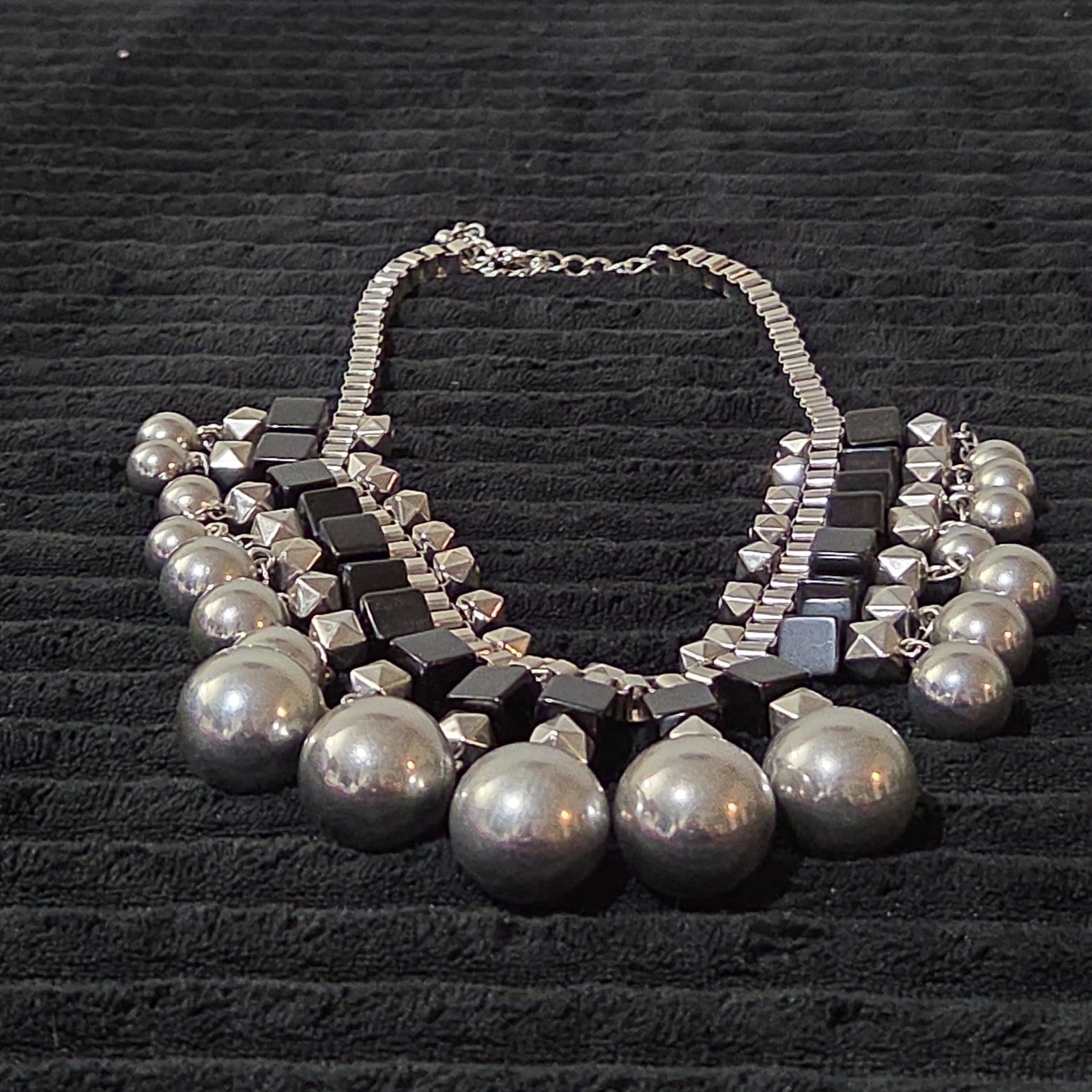 Chunky Silver Bib Statement Necklace Black Cube Cascading Collar Choker Punk Mod