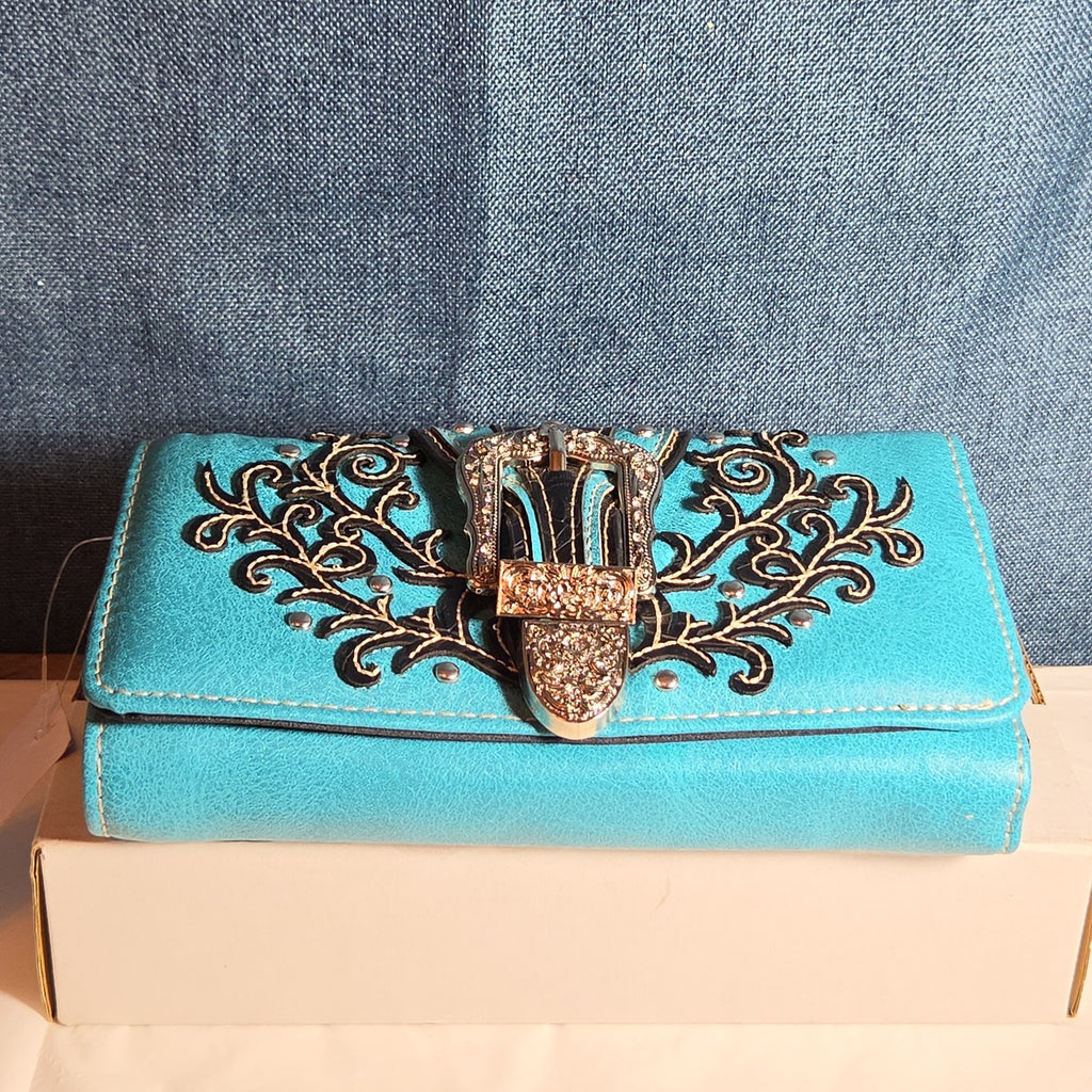 Turquoise Western Buckle Floral Trifold Crossbody Wallet NWT