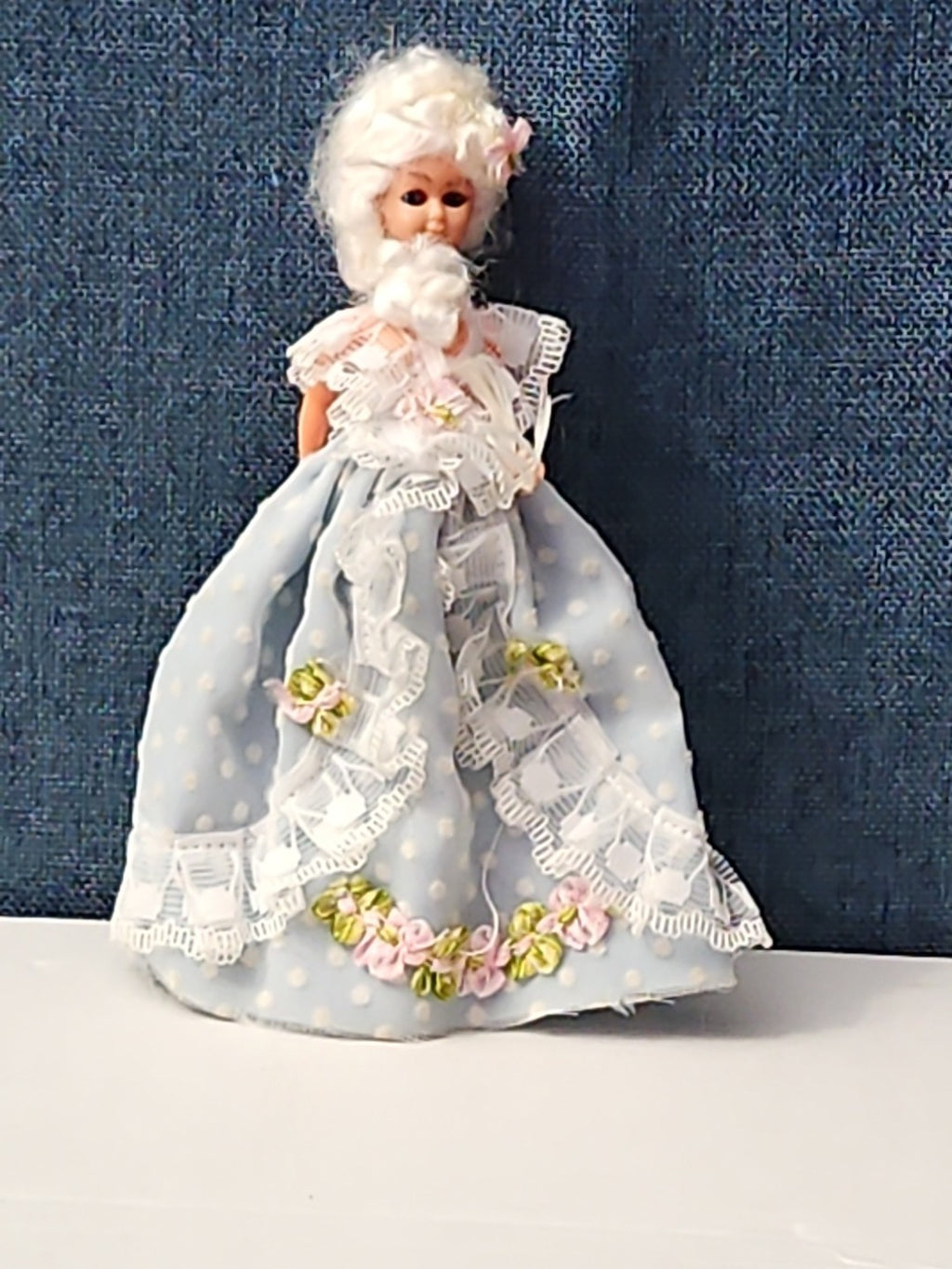 Vintage 5.5" Costume Doll | Blue Polka Dot Rococo Dress | Hard Plastic Souvenir