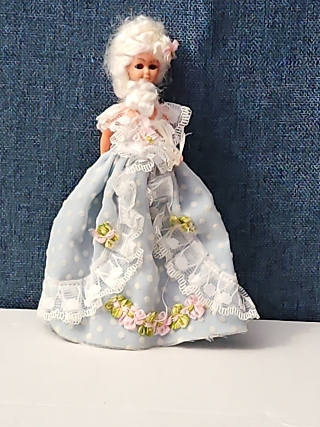 Vintage 5.5" Costume Doll | Blue Polka Dot Rococo Dress | Hard Plastic Souvenir