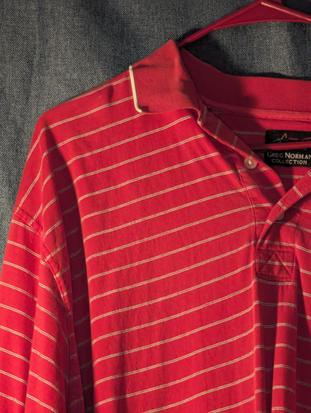 Greg Norman Collection Men's L 100% Cotton Red White Stripe Golf Polo Shark Logo