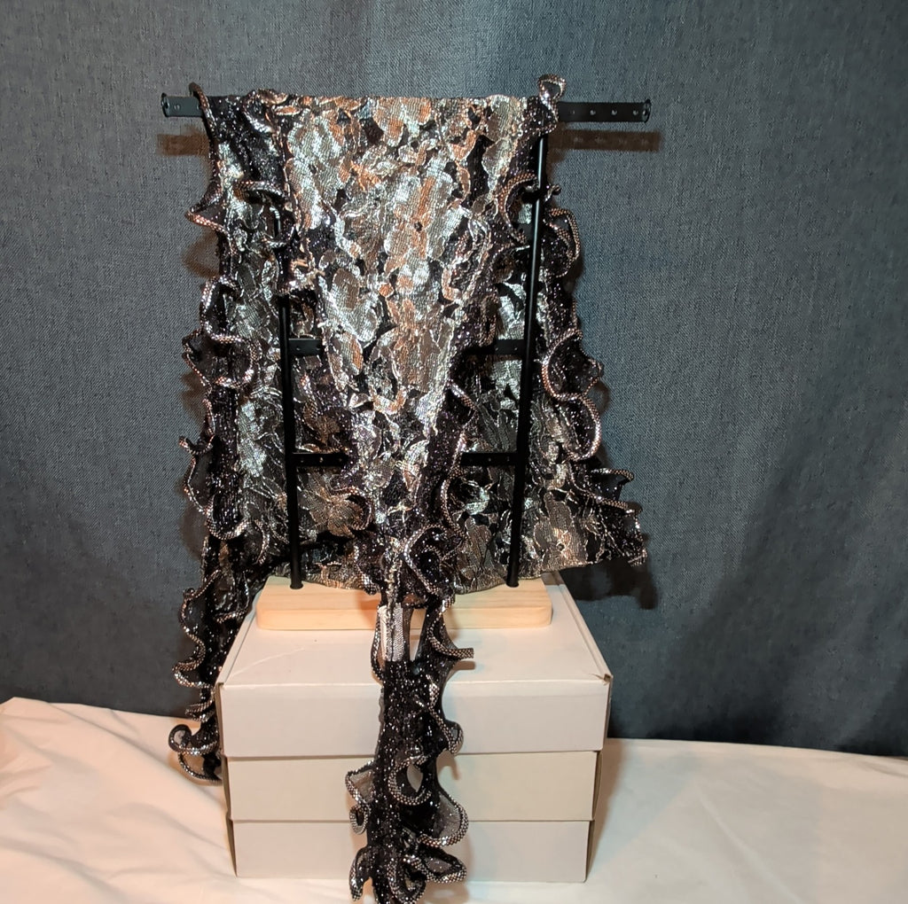 Laurena by LJL Metallic Lace Scarf Wrap Silver Black Ruffled Boho NWT 63x23