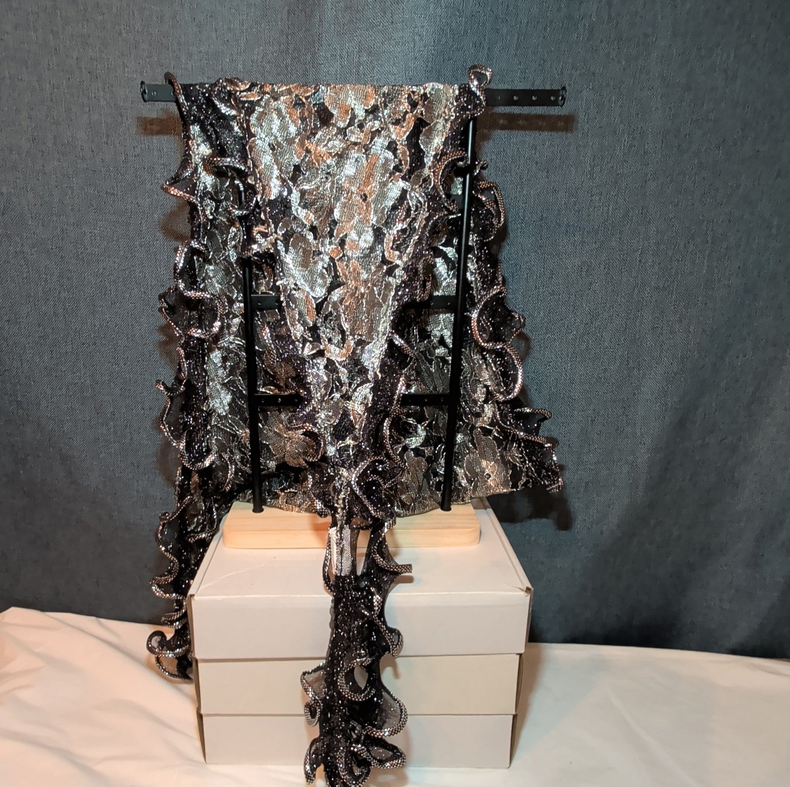 Laurena by LJL Metallic Lace Scarf Wrap Silver Black Ruffled Boho NWT 63x23