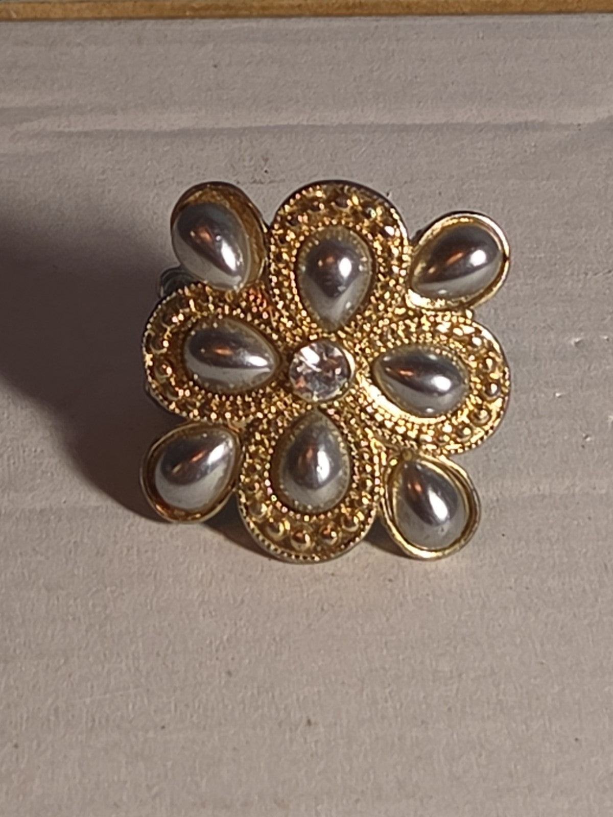 Sarah Coventry Pearl Rhinestone Flower Ring Vintage  Adjustable