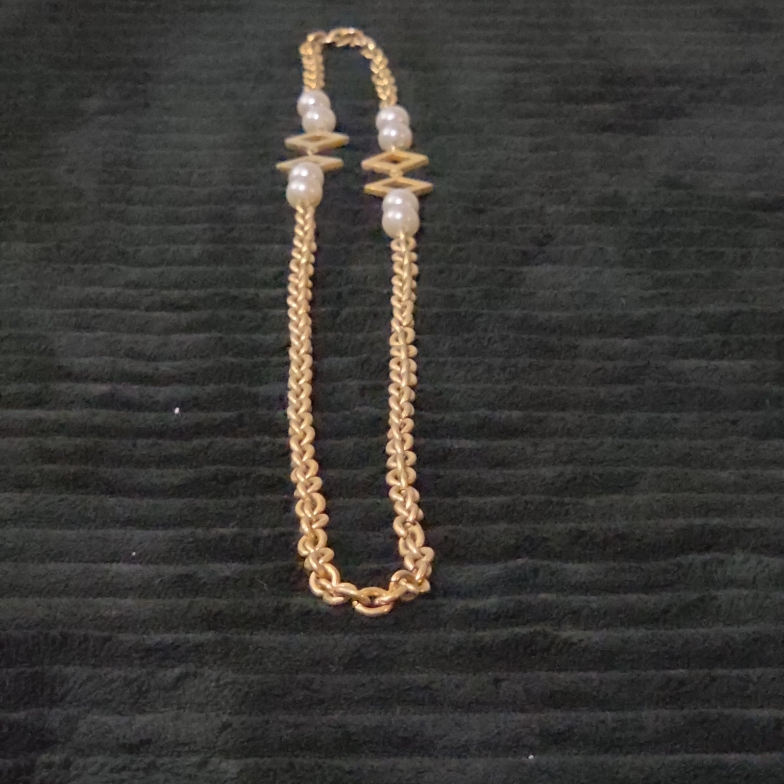 Vintage Gold Tone Geometric Necklace Long Pearl Station Diamond Link Chain 32"