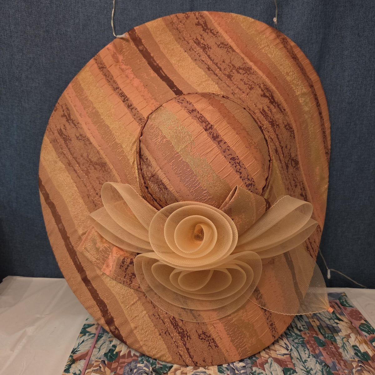 Ashro Wide Brim Derby Hat Peach Striped Mesh Flower