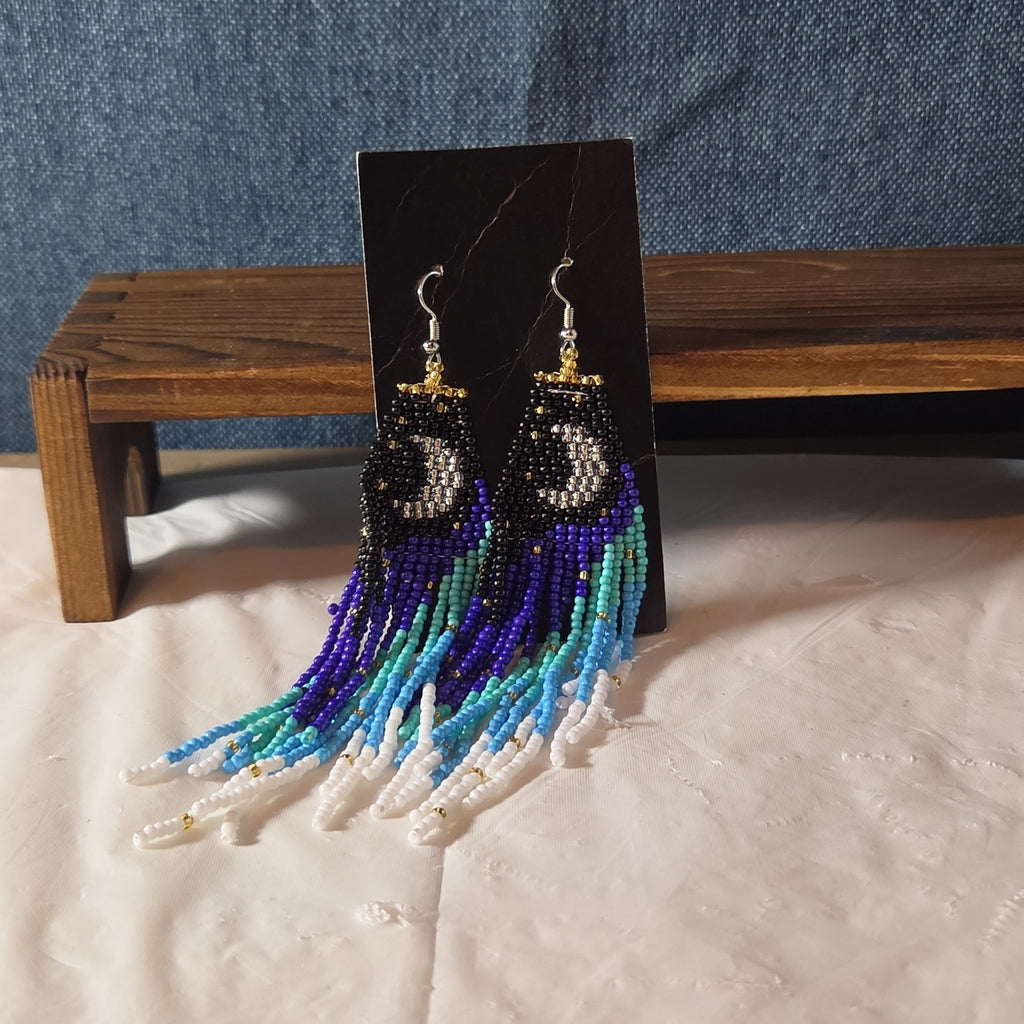 Boho Celestial Moon Seed Bead Fringe Dangle Earrings