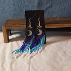 Boho Celestial Moon Seed Bead Fringe Dangle Earrings