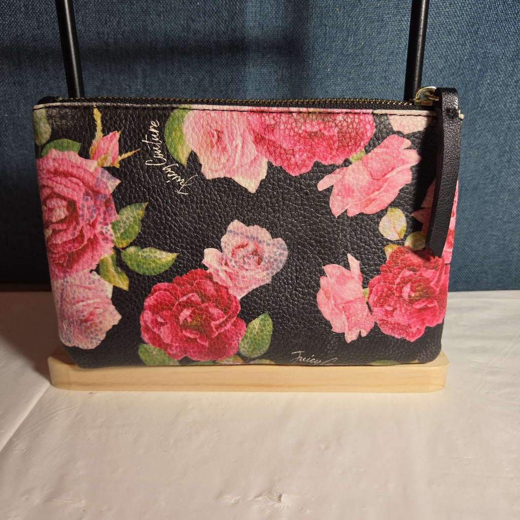 Juicy Couture Rose Floral Zipper Pouch Card Holder Black Pink Y2K