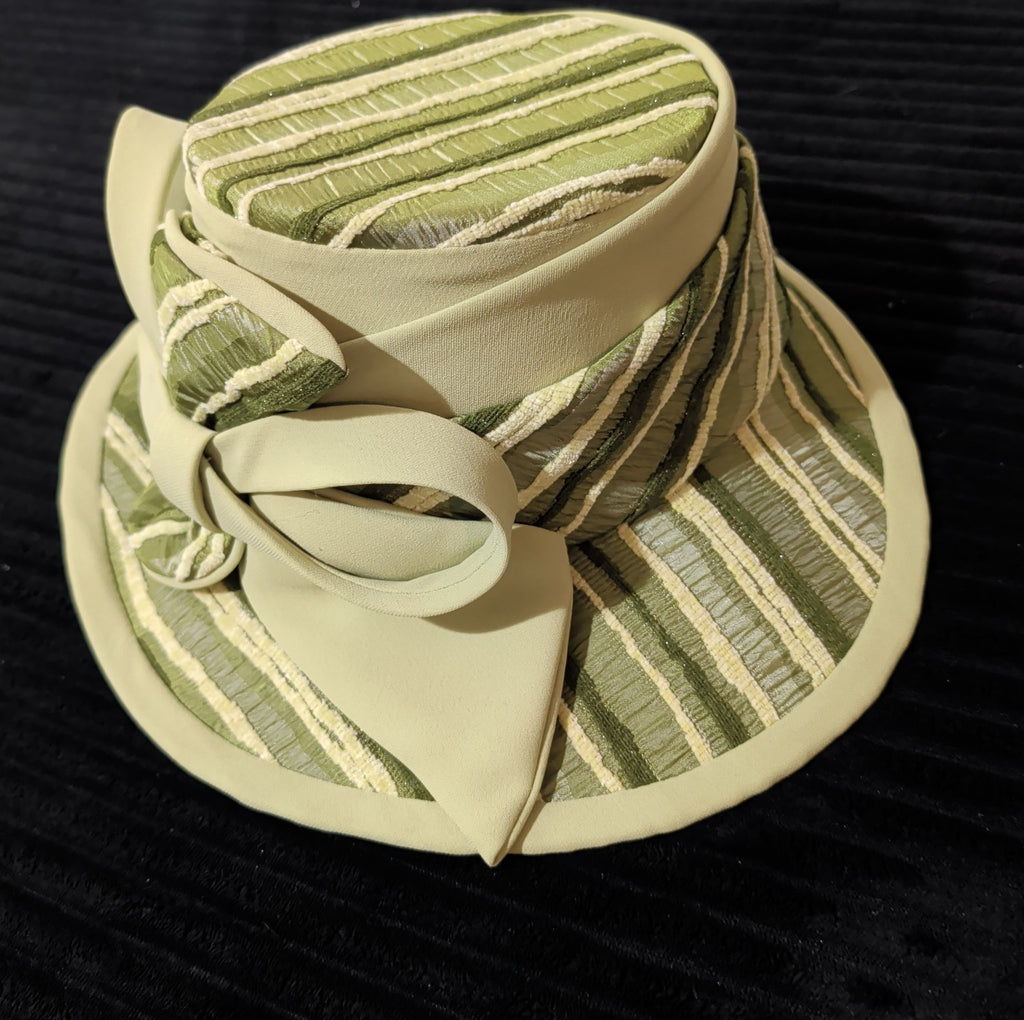 Carissimo Green Striped Wide Brim Church Derby Hat Bow Ribbon Vintage