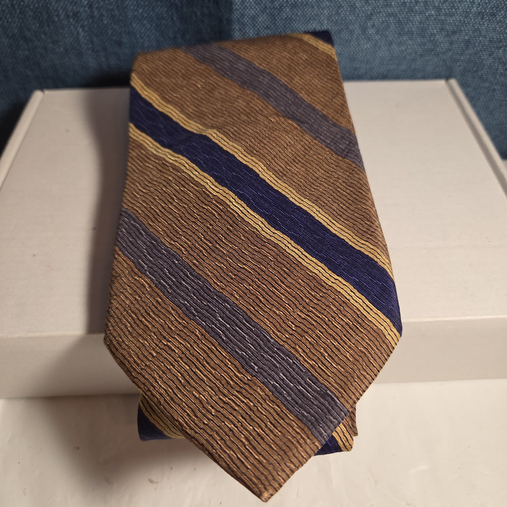 J.Z. Richards Silk Tie Edwards Michigan Brown Blue Stripe Frayed As Is Vest Tie