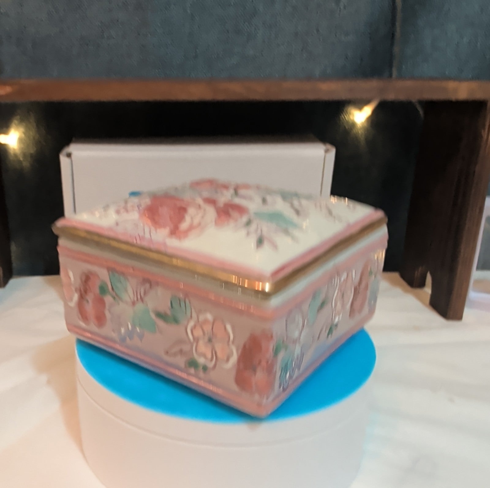 Vintage Pink Floral Porcelain Square Trinket Box Grandmillennial PreOwned