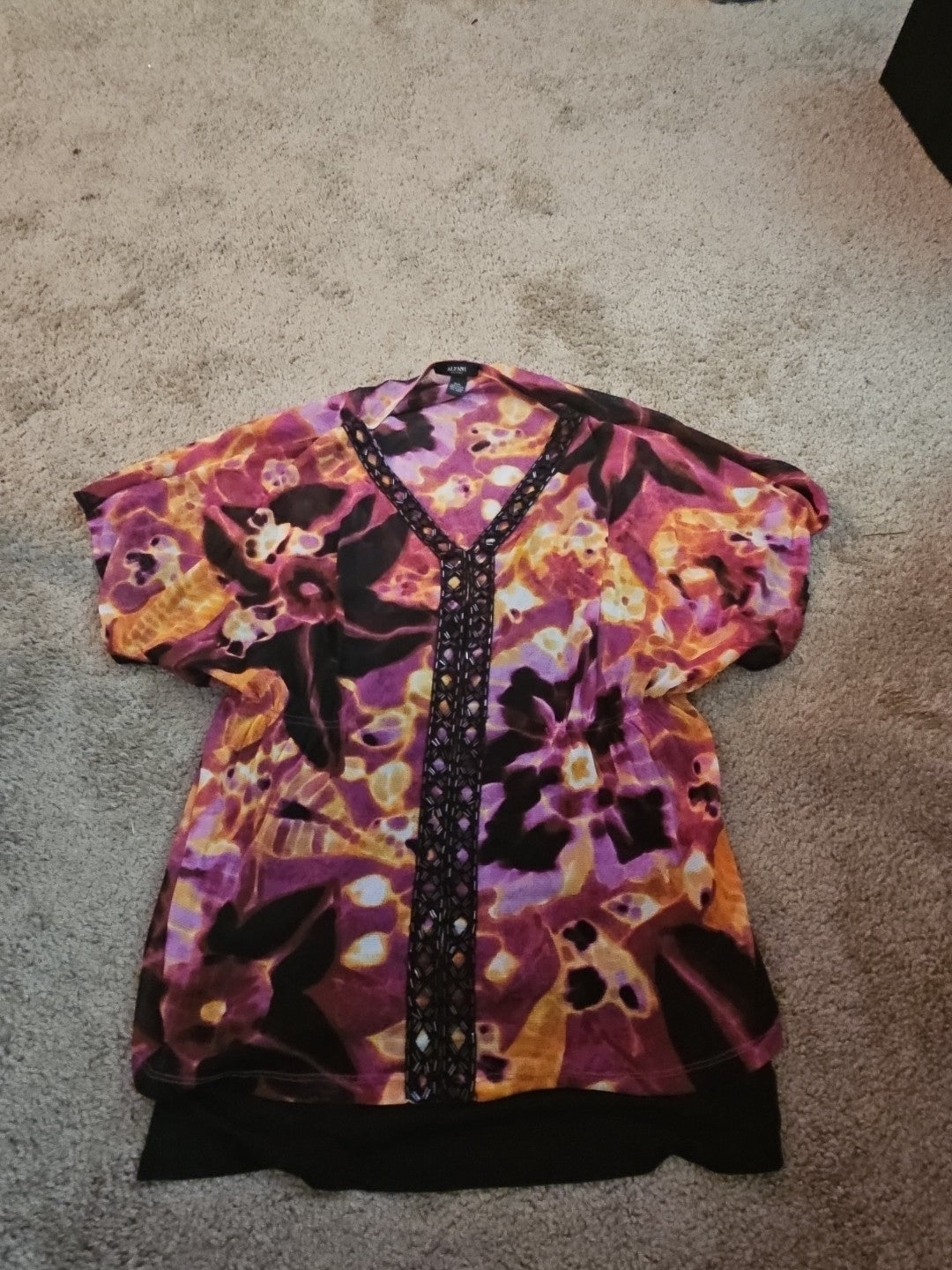 Alfani Petite Large P/L Boho Mesh Top Sheer Beaded V-Neck Floral Purple Blouse