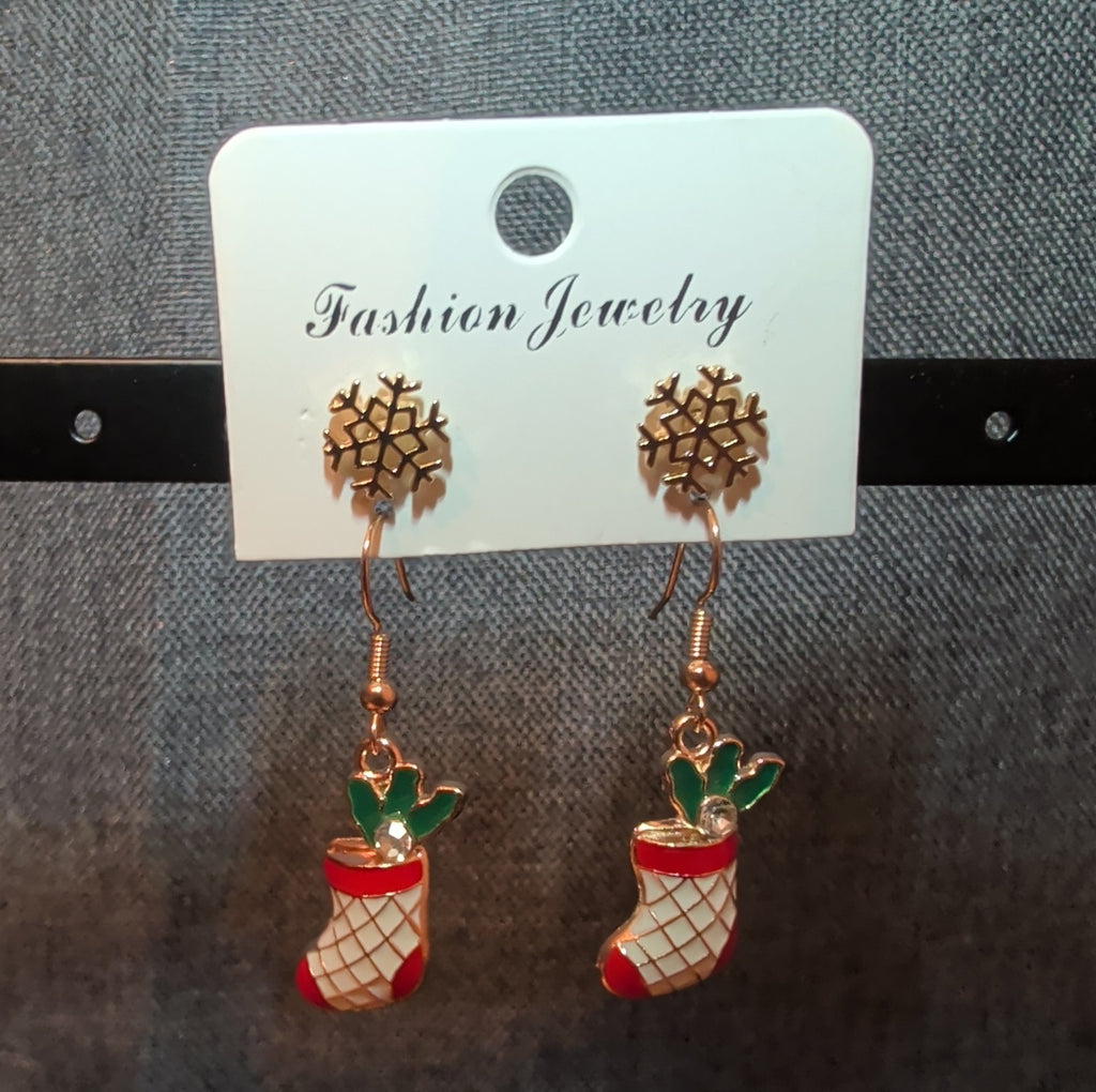 Christmas Stocking Snowflake Earring 2-Pair Set Enamel Gold-Tone Holiday NEW