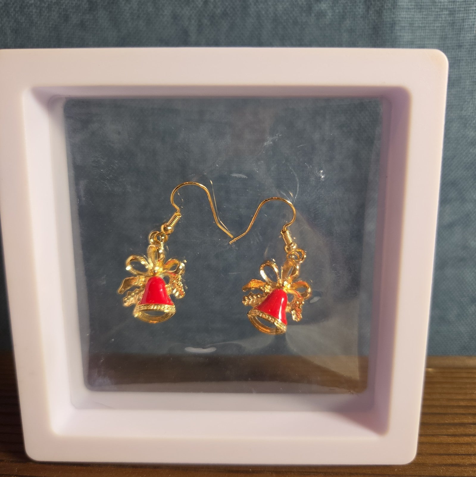Gold Christmas Bells Drop Earrings 3/4" Red Enamel