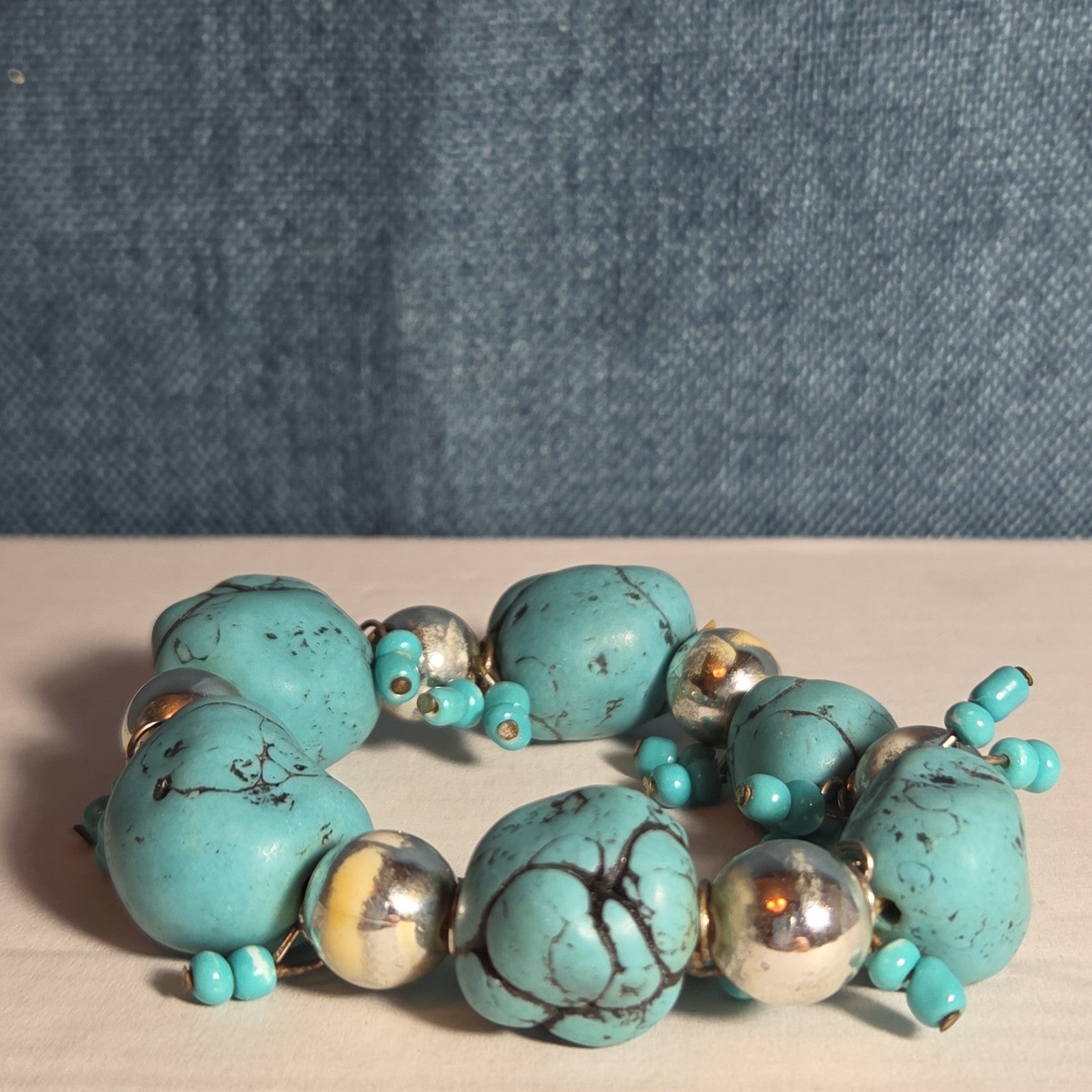 Chunky Faux Turquoise Silver Tone Stretch Bracelet Boho Y2K NWOT