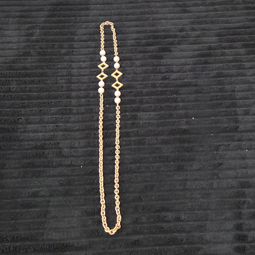 Vintage Gold Tone Geometric Necklace Long Pearl Station Diamond Link Chain 32"
