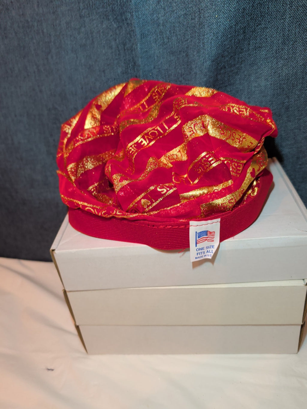 I Love Jesus Satin Hair Bonnet Sleep Cap Red Gold Glitter OS Made in USA