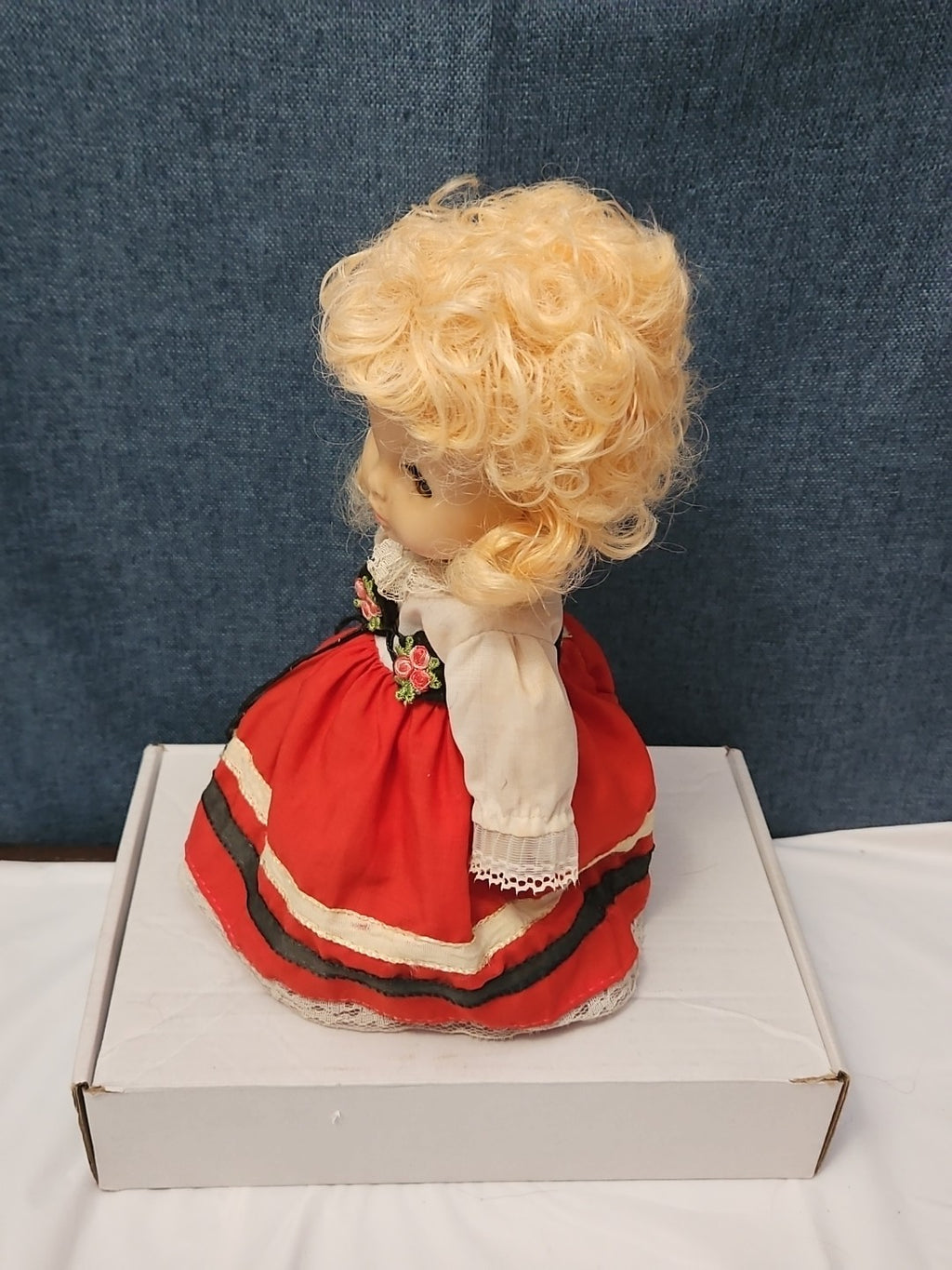 Vintage Heritage Doll Piggy Bank European Folk Costume Blonde Curls Aged Charm