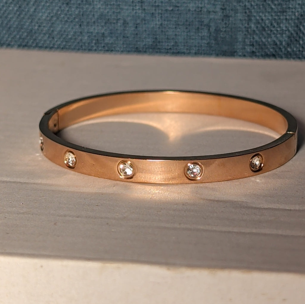 Hinged Bangle Copper Rose Gold Tone Rhinestone