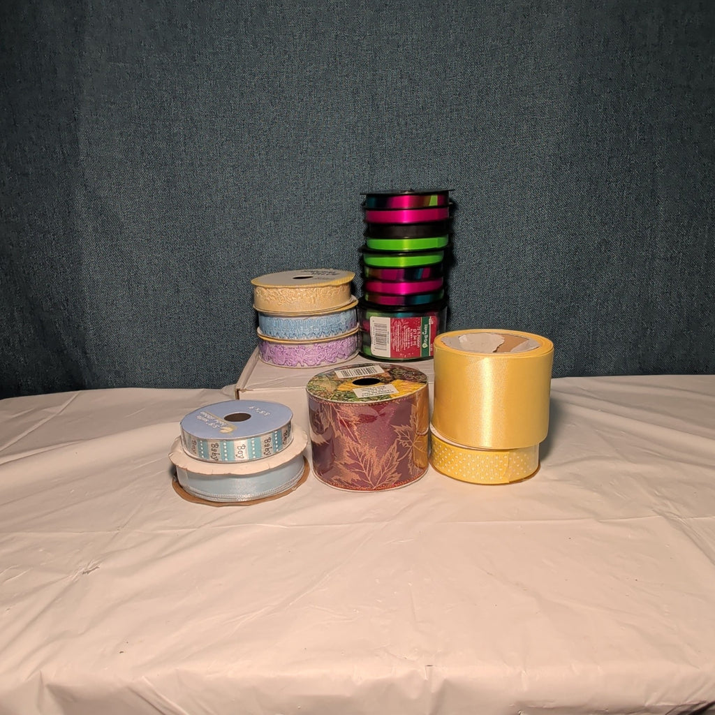 Mixed Ribbon Lot 11 Spools Satin Grosgrain Lace Wired Blue Green Yellow Fall
