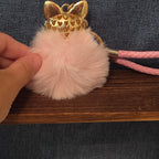 Pink Rhinestone Fox Pom Pom Keychain Charm Braided Strap