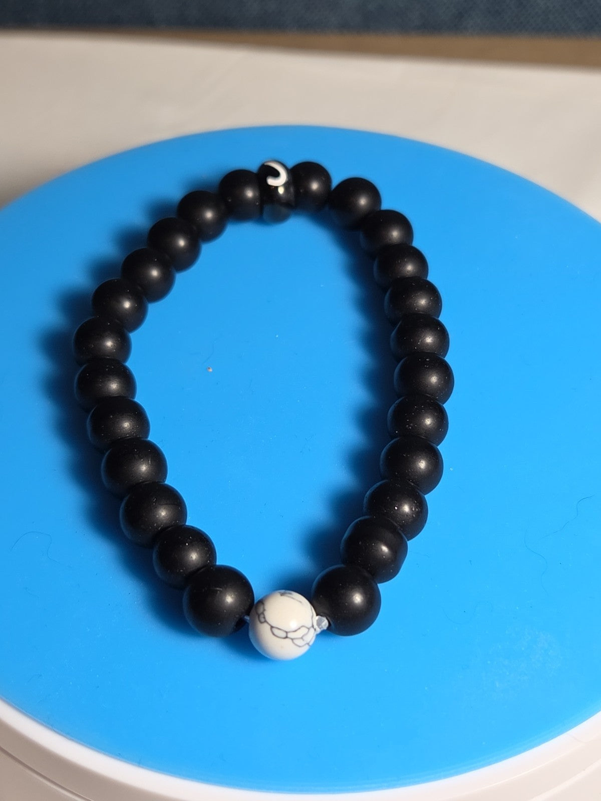 Natural Stone Bead Stretch Bracelet Matte Black White Howlite