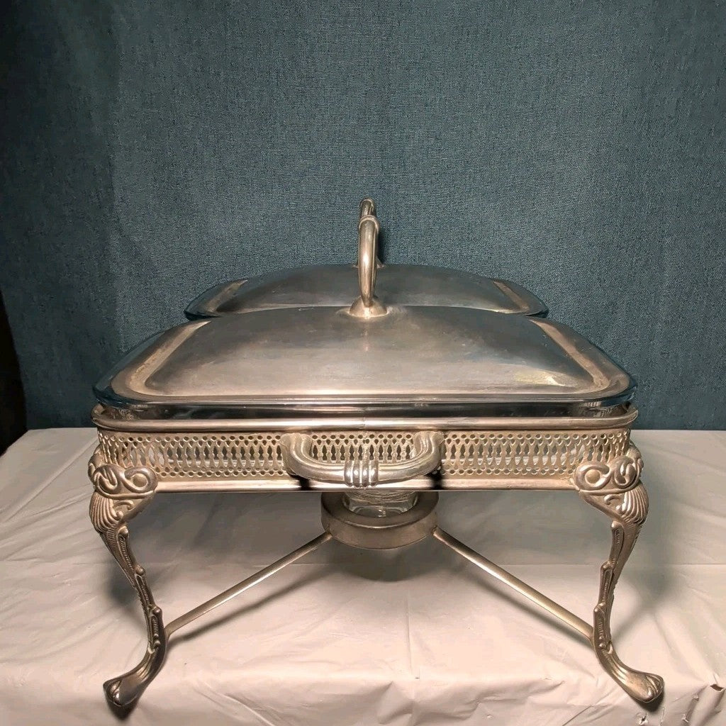 Silver Plated Double Chafer 8 Qt Buffet Server 2 Marinex Glass Pans Lion Feet