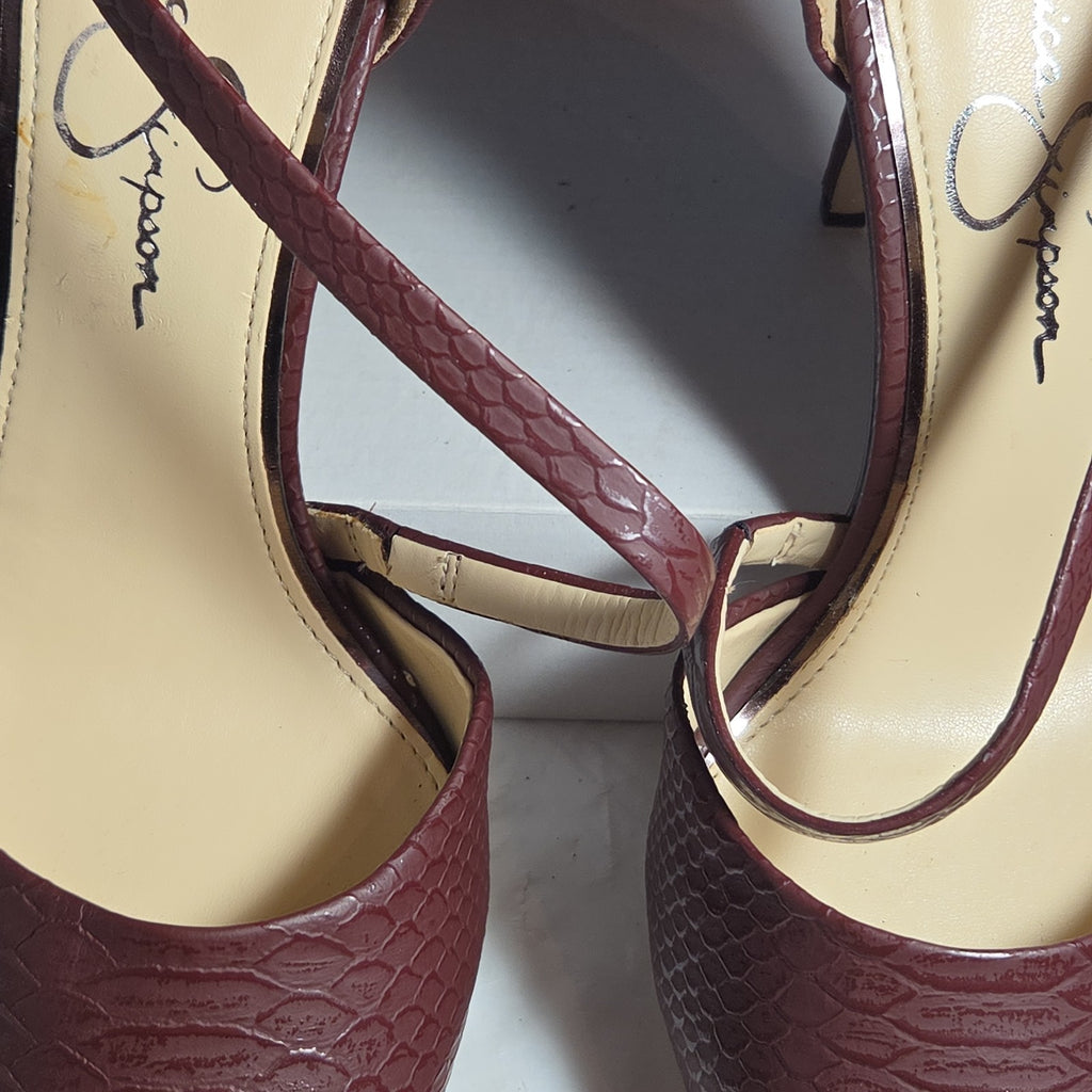 Jessica Simpson Wine Snakeskin Pumps 9M Ankle Strap Pointed Toe Zipper Heels 40